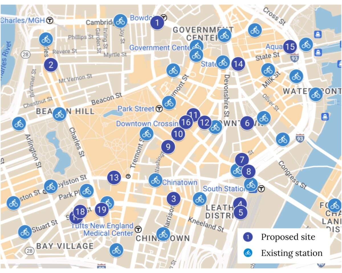 A map showing 19 possible locations for eight to 15 new Bluebikes stations in Boston's downtown, Chinatown and Beacon Hill. (City of Boston)