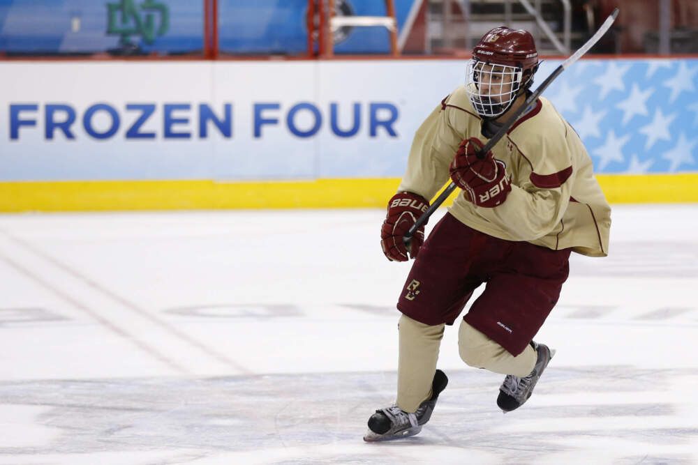 Johnny Gaudreau skates down the ice during Boston College's team practice for the NCAA men's college hockey Frozen Four tournament Wednesday, April 9, 2014, in Philadelphia. (Matt Rourke/AP)