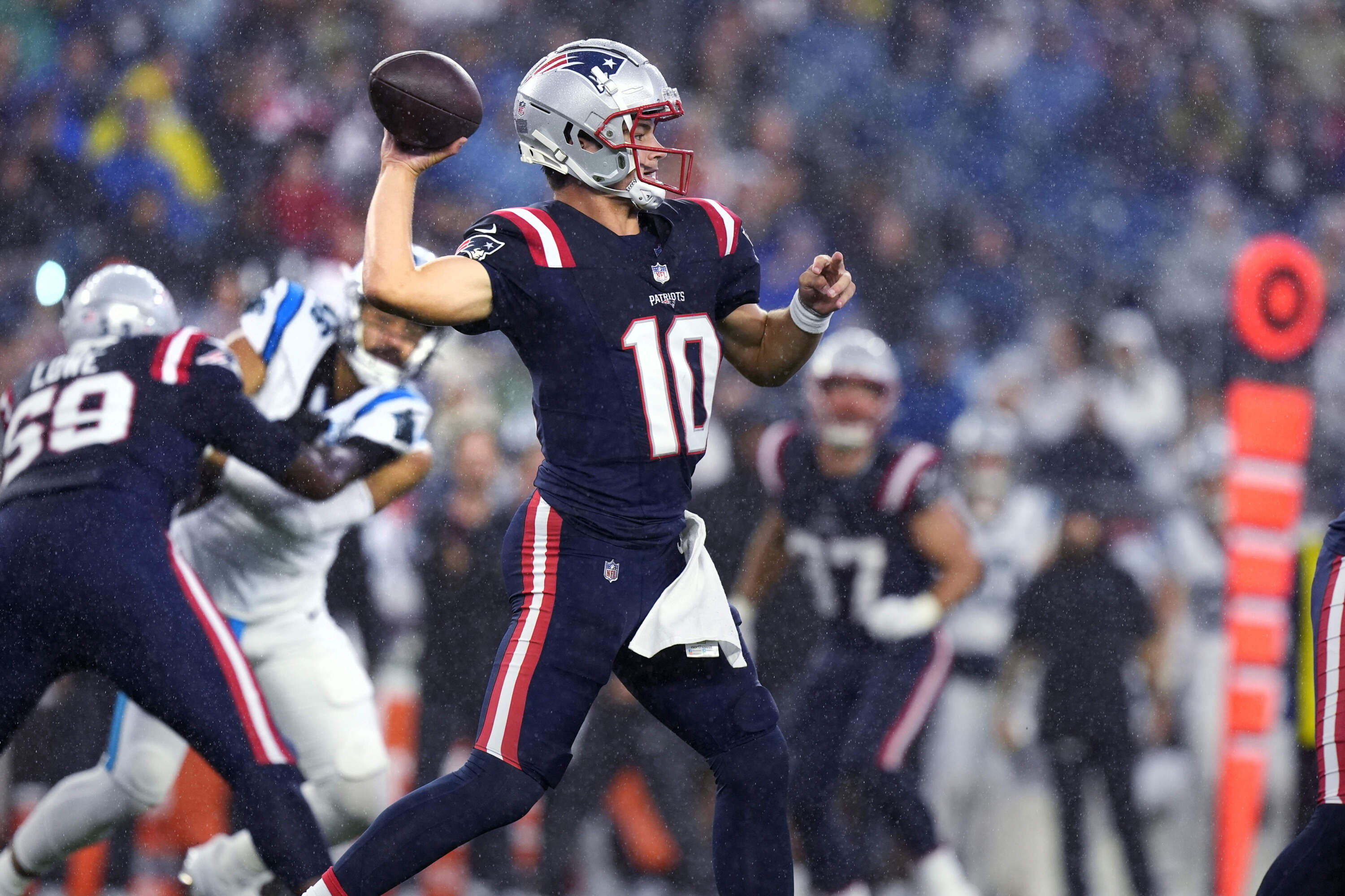New England Patriots quarterback Drake Maye (10) throws a pass during the first half of a preseason NFL football game against the Carolina Panthers, Thursday, Aug. 8, 2024, in Foxborough, Mass. (Michael Dwyer/AP)