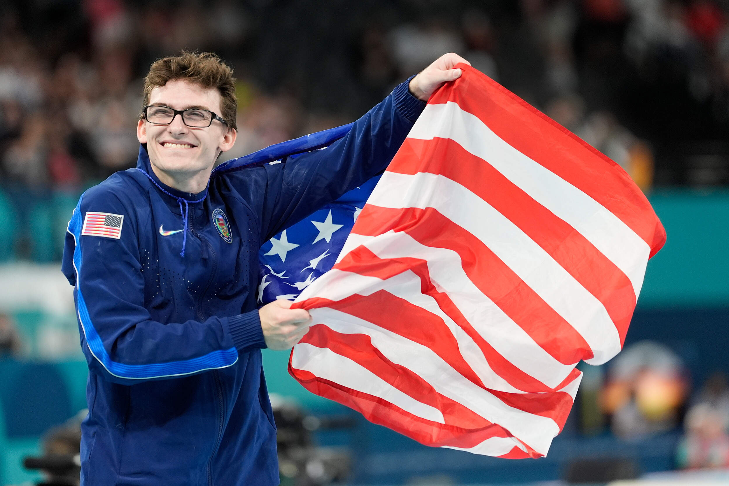 Stephen Nedoroscik, of the United States, celebrates after winning the bronze medal during the men's artistic gymnastics individual pommel finals at Bercy Arena at the 2024 Summer Olympics, Saturday, Aug. 3, 2024, in Paris, France. (Abbie Parr/AP)
