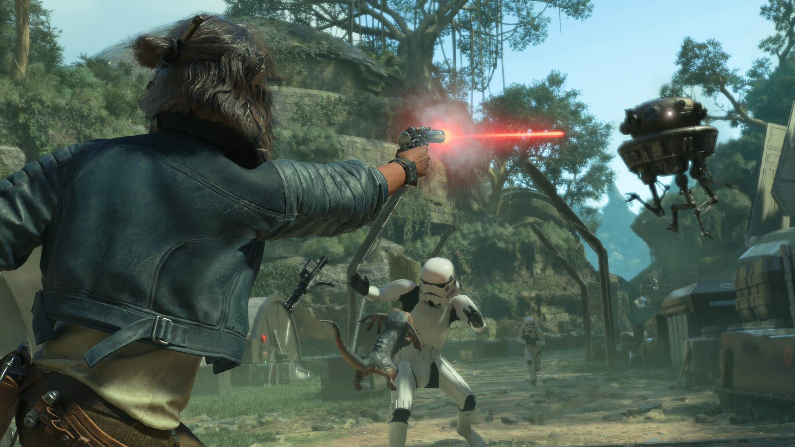 When sneaking and skullduggery don't work, you can always rely on your blaster in "Star Wars Outlaws." (Courtesy of Ubisoft)