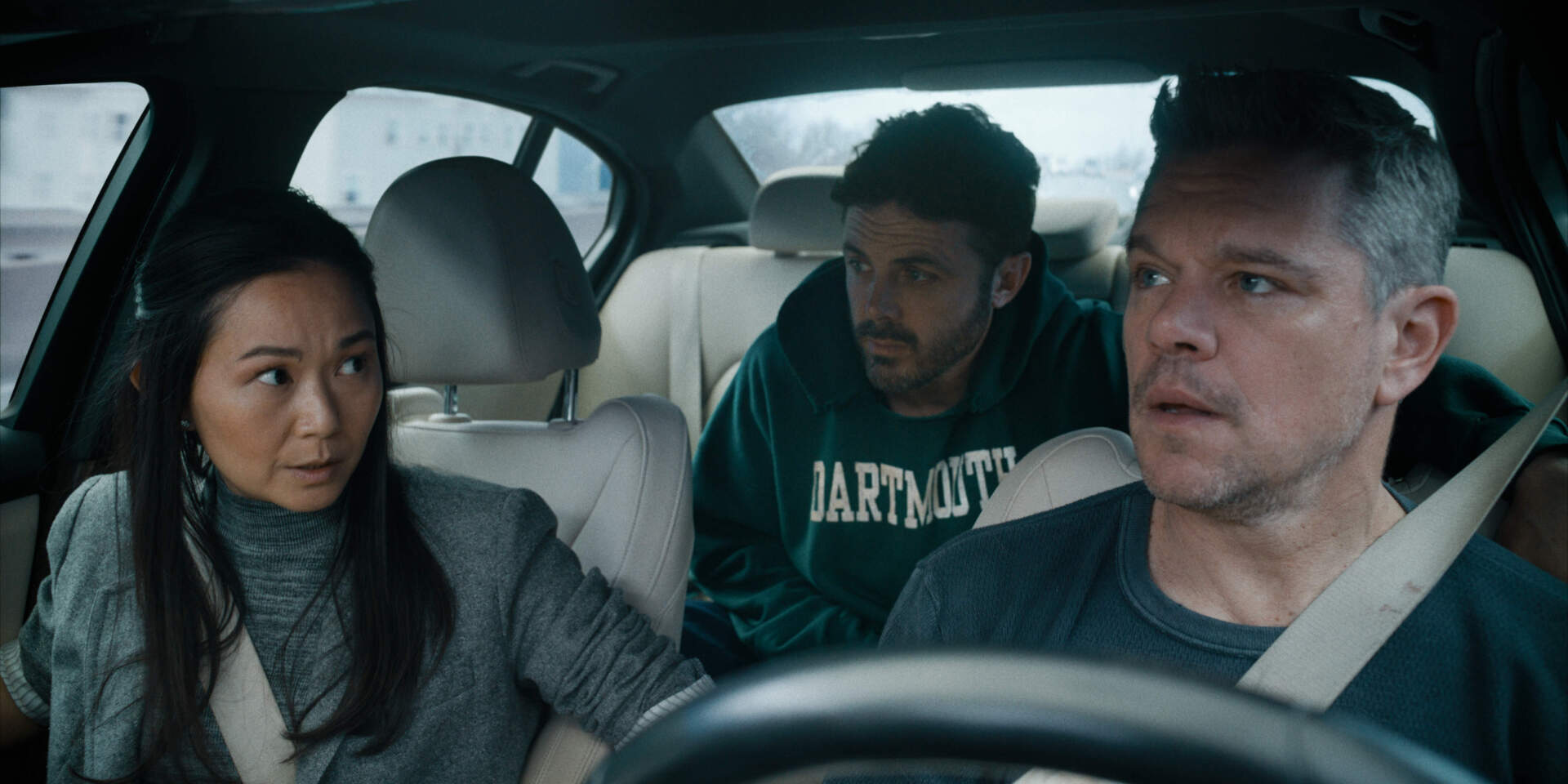 Hong Chau, Casey Affleck and Matt Damon in &quot;The Instigators.&quot; (Courtesy Apple TV+)