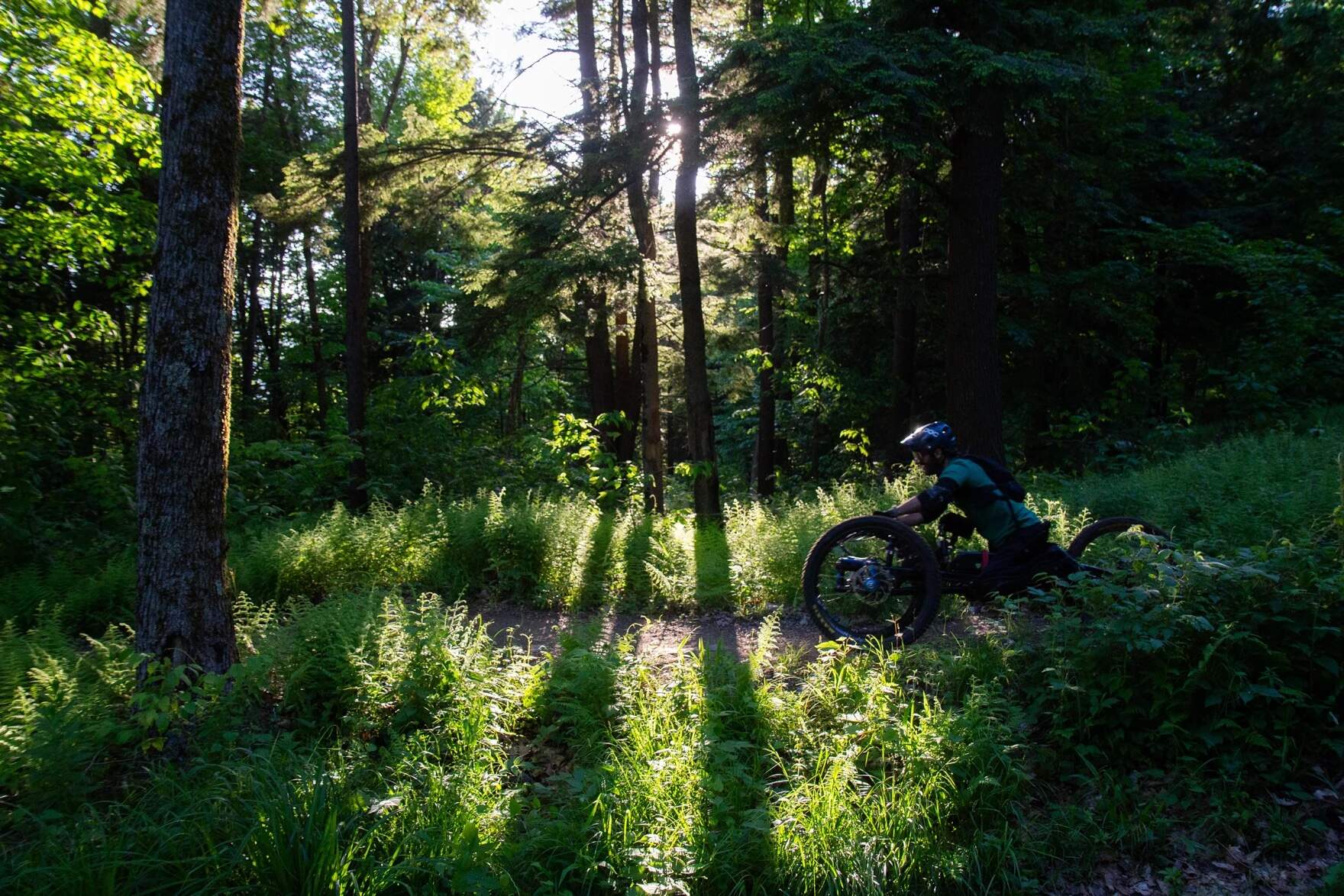Greg Durso is a Burlington resident who says he's been mountain biking for seven years now. He also works for the Kelly Brush Foundation, which aims to empower people with spinal cord injuries to lead active lives. (Elodie Reed/Vermont Public)