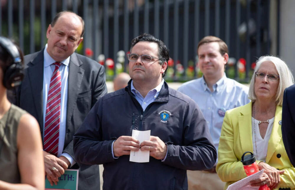 Sen. Nick Collins (center) at the rally Aug. 28, 2024 protesting the closures of the Carney Hospital and Nashoba Valley Medical Center. (Sam Doran/SHNS)
