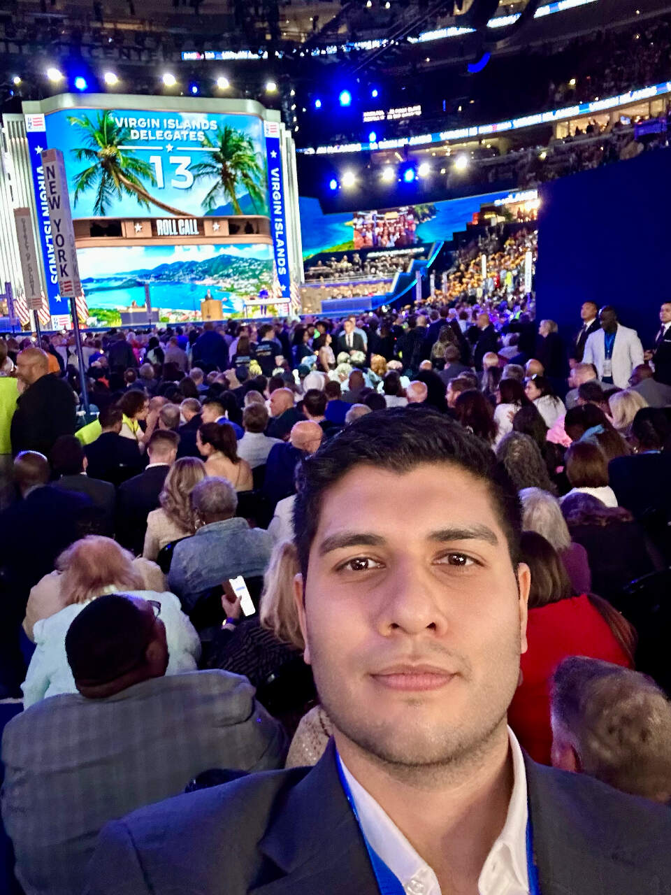 The author, on the floor of the Democratic National Convention in Chicago. (Courtesy Kaivan Shroff)