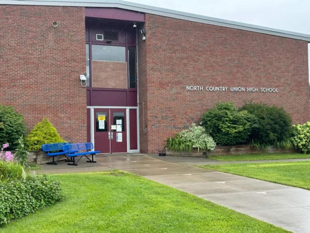 The entrance to North Country Union High School in Newport, pictured on Aug. 22, 2024. (Courtesy of Chris Young via Vermont Public)