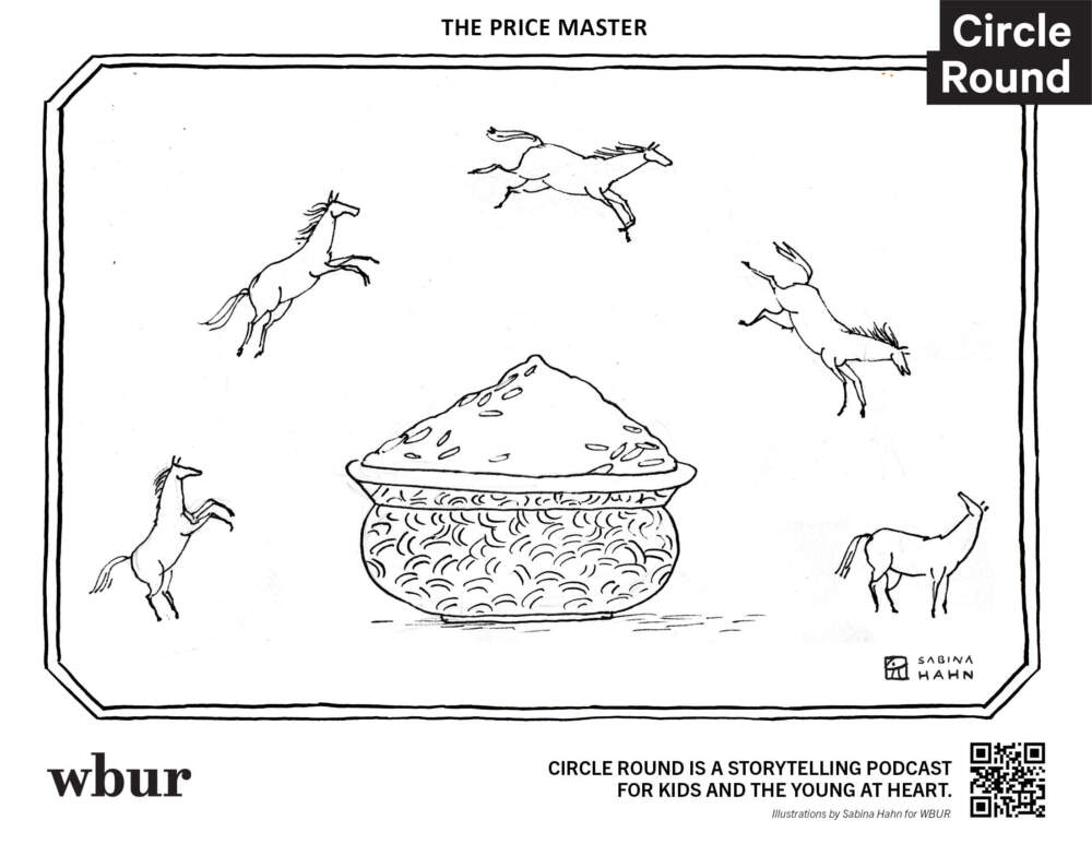 Horses jumping over rice. (Sabina Hahn for WBUR)
