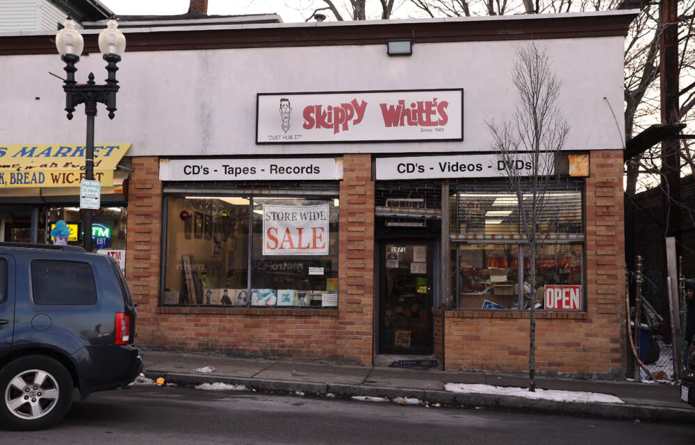 The exterior of Skippy White's record store in Dorchester in 2019. (Pat Greenhouse/The Boston Globe via Getty Images)