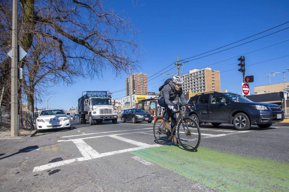 A cyclist rides along the current painted bike lane on Commonwealth Ave near the intersection of Pleasant St. (Jesse Costa/WBUR)