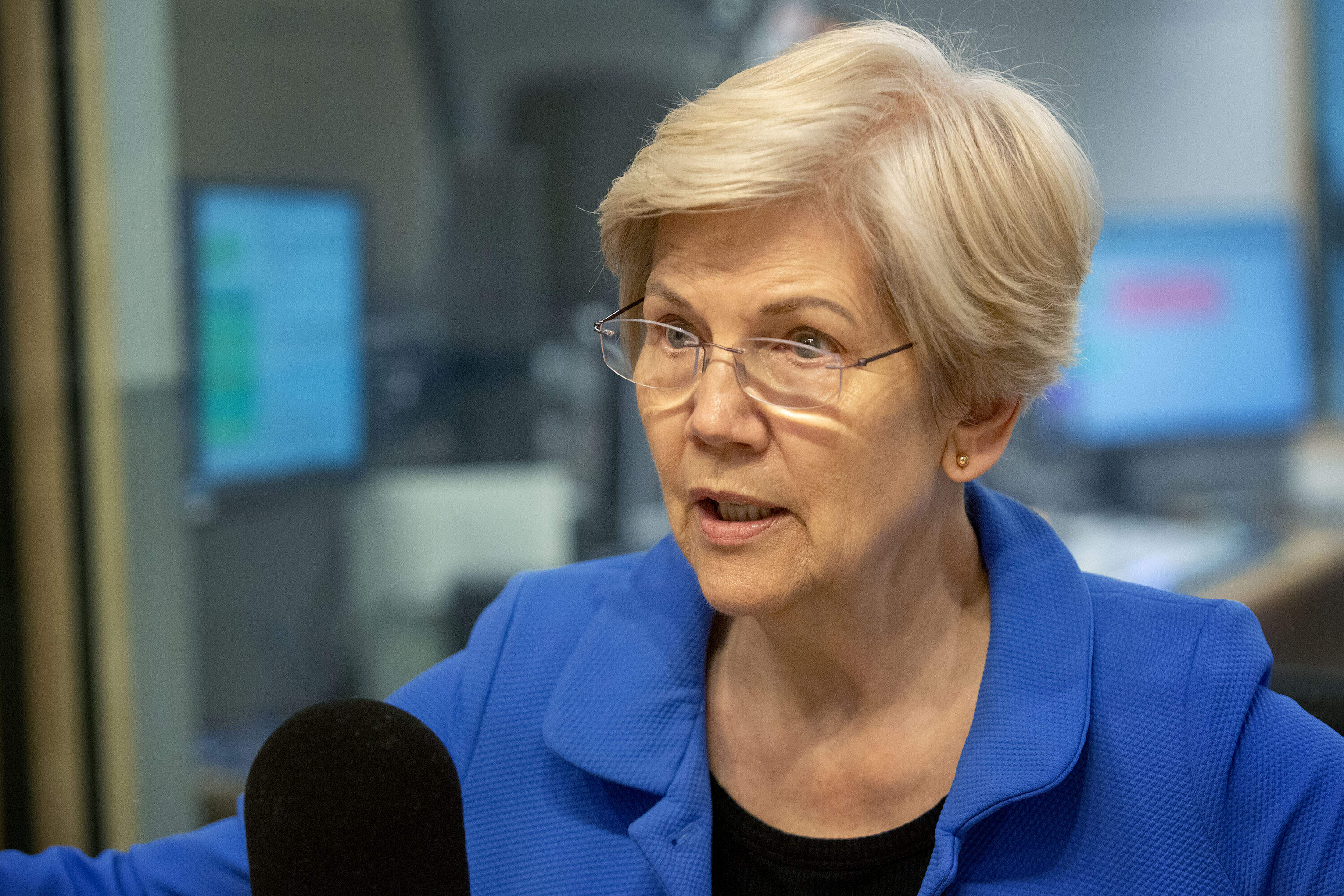 U.S. Senator Elizabeth Warren, at WBUR's studios in Boston in May. (Robin Lubbock/WBUR)