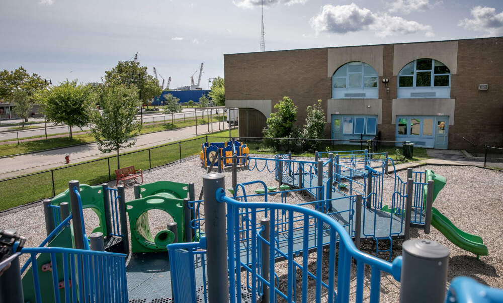 The view from a playground at the Alfred J. Gomes School, near the harbor in New Bedford, Mass. (Robin Lubbock/WBUR)