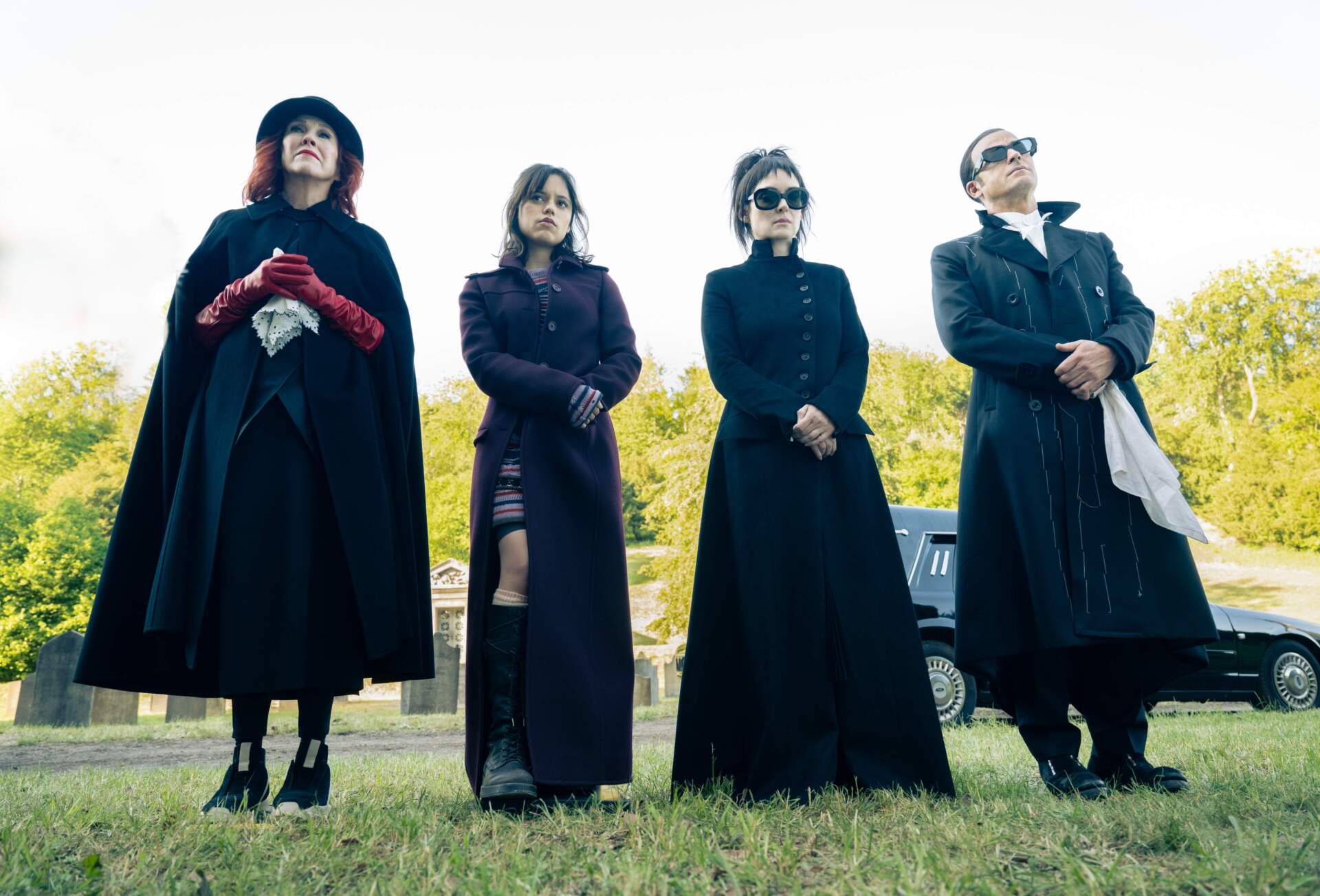 From left to right: Catherine O'Hara, Jenna Ortega, Winona Ryder and Justin Theroux in Tim Burton's "Beetlejuice Beetlejuice." (Courtesy of Warner Bros. Pictures)