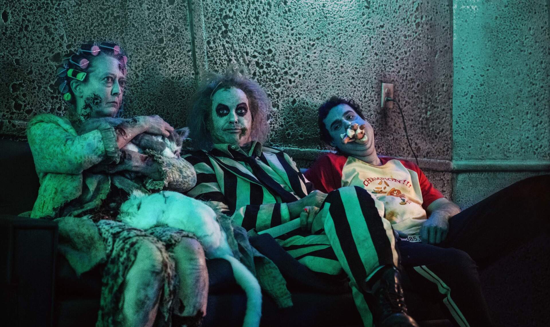 Michael Keaton (center) in Tim Burton's "Beetlejuice Beetlejuice." (Courtesy of Warner Bros. Pictures)