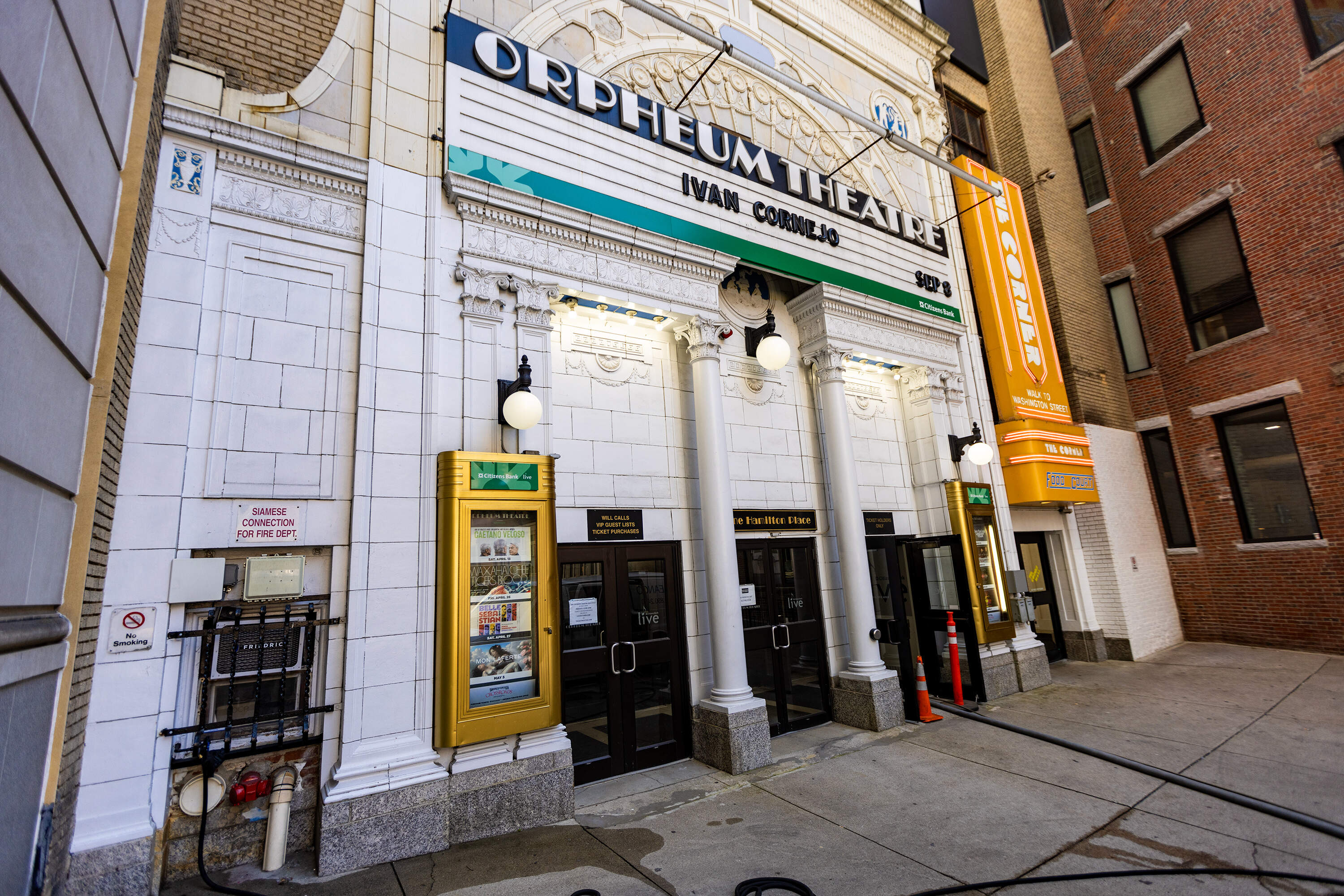 The Orpheum Theatre's entrance at the end of Hamilton Place. (Jesse Costa/WBUR)