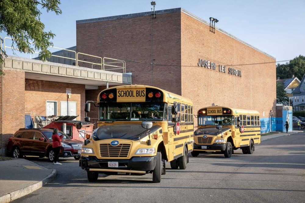 School buses at the Joseph Lee School in Dorchester. (Robin Lubbock/WBUR)