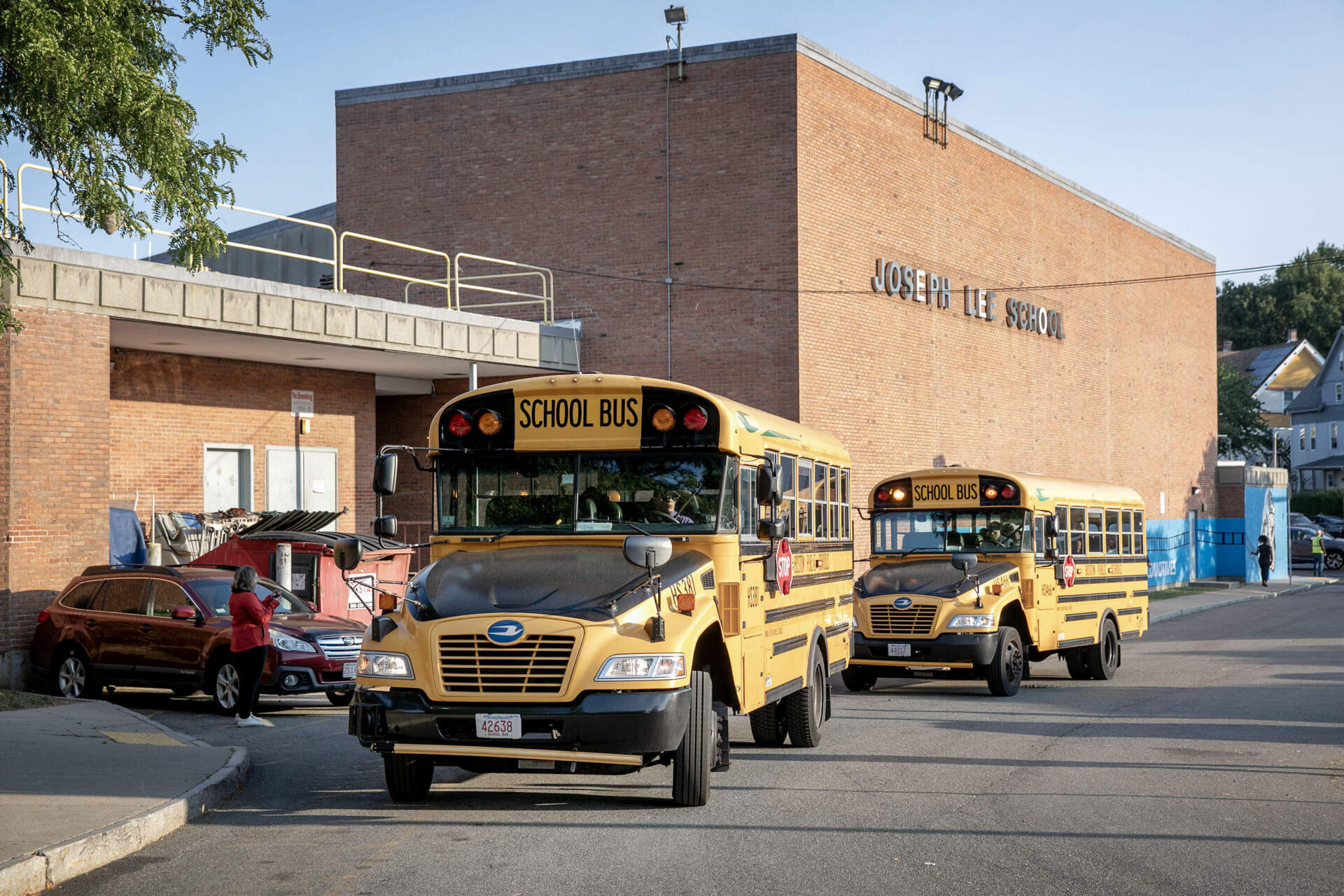 School buses at Joseph Lee School in Dorchester. (Robin Lubbock/WBUR)