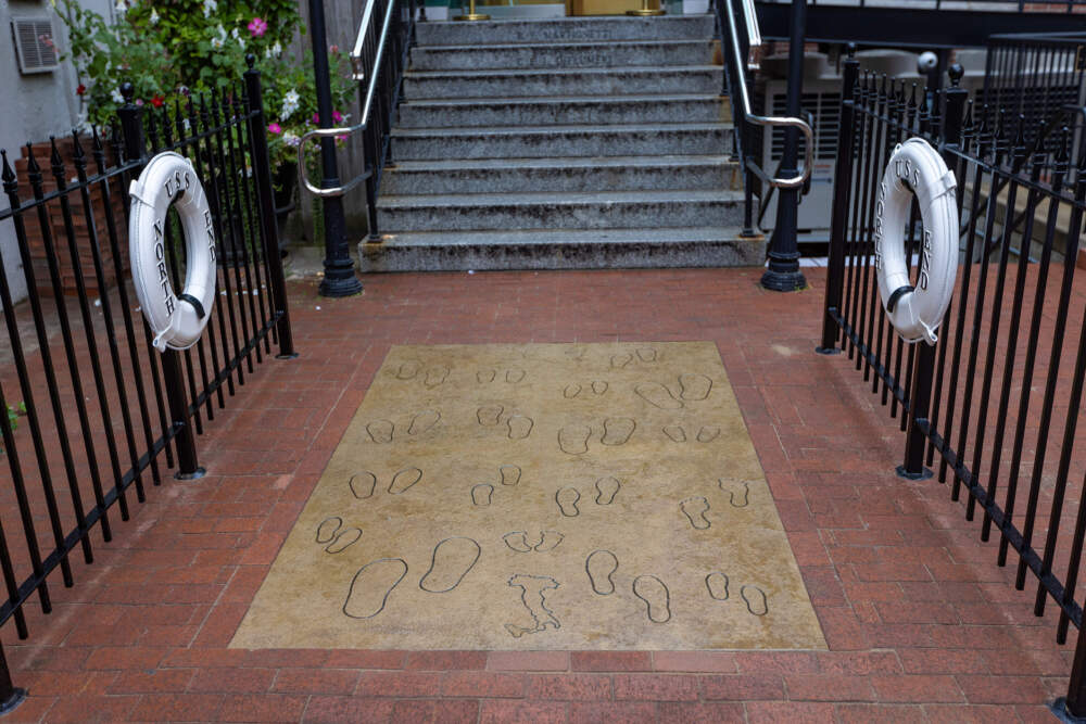 Nancy Schön's “The Noble Journey” outside of St. Leonard’s church in the North End. (Jesse Costa/WBUR)