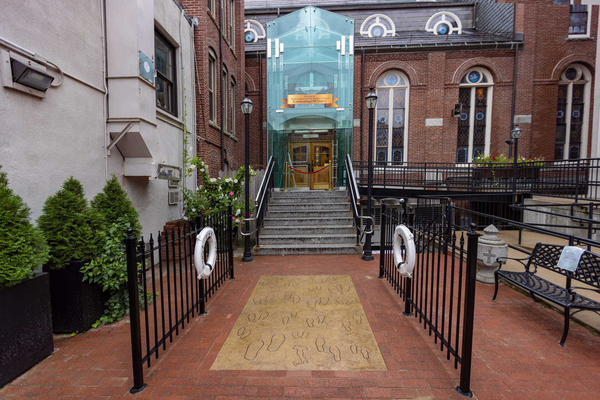 Nancy Schön's “The Noble Journey” outside of St. Leonard’s church in the North End. (Jesse Costa/WBUR)