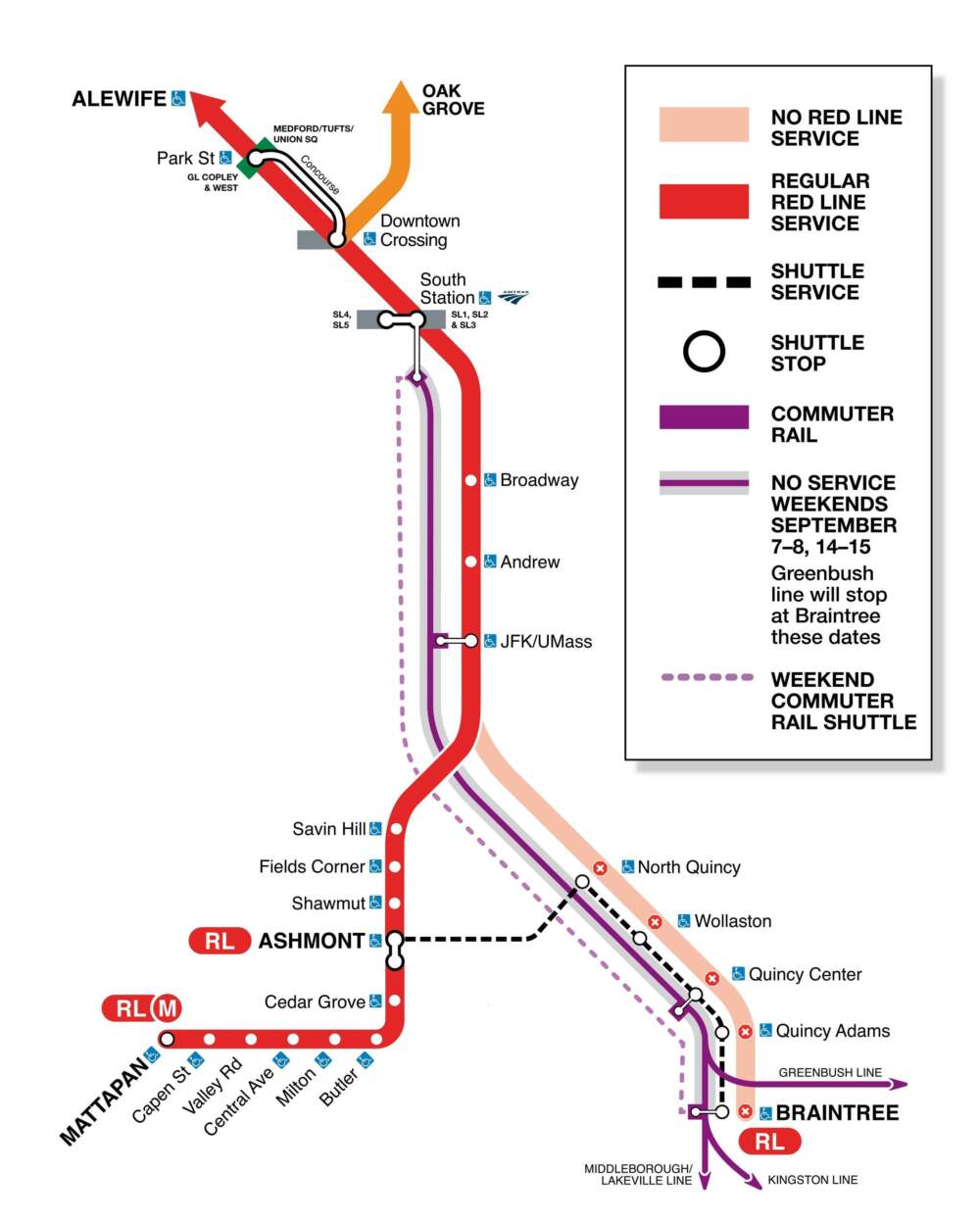 A look at alternative transit options during the 24-day closure of the Red Line's Braintree branch. (MBTA)