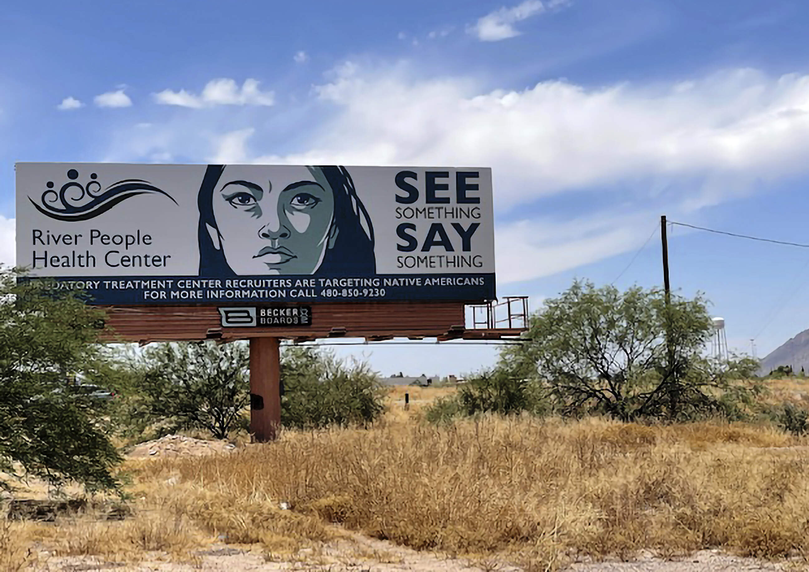 A billboard is seen in Scottsdale, Ariz., Saturday, June 10, 2023, near the health care facility of the Salt River Pima-Maricopa Indian Community, which has been affected by a gigantic Medicaid fraud scheme involving sober living homes that promised help to Native Americans seeking to kick alcohol and other additions. (Anita Snow/AP)