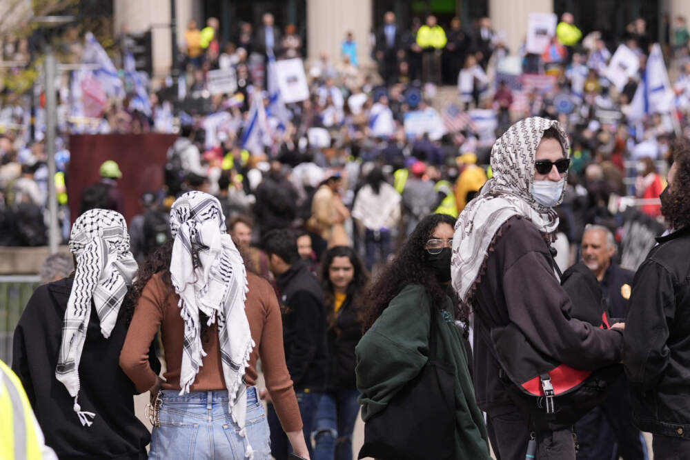 Pro-Palestinians students from a nearby encampment stand near a pro-Israel protest on the campus of the Massachusetts Institute of Technology. (Charles Krupa/AP)