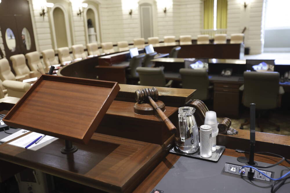 A gavel rests on the rostrum in the Senate Chamber at the Massachusetts State House. (Mary Schwalm/AP)