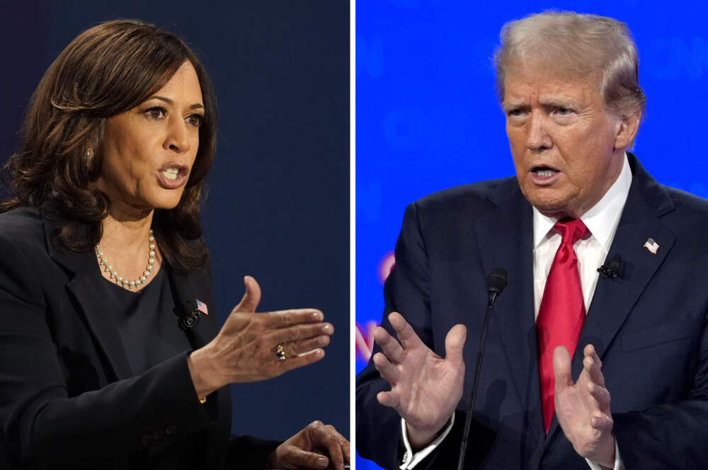 Kamala Harris speaks during a debate, Oct. 7, 2020, in Salt Lake City, left, and Donald Trump speaks during a debate, June 27, 2024, in Atlanta. (AP Photo)