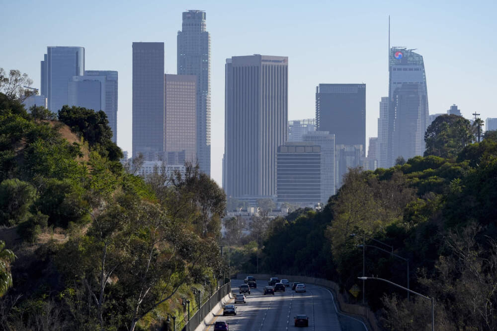 Downtown Los Angeles is seen from the Park Row Bridge in the Elysian Park neighborhood of Los Angeles on Monday, Aug. 12, 2024, after an earthquake was strongly felt from the Los Angeles area all the way to San Diego. (Ryan Sun/AP)