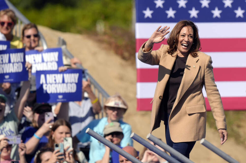 Democratic presidential nominee Vice President Kamala Harris waves as she steps on stage to address a crowd, Wednesday, Sept. 4, 2024, during a campaign stop, in North Hampton, N.H. (Steven Senne/AP)