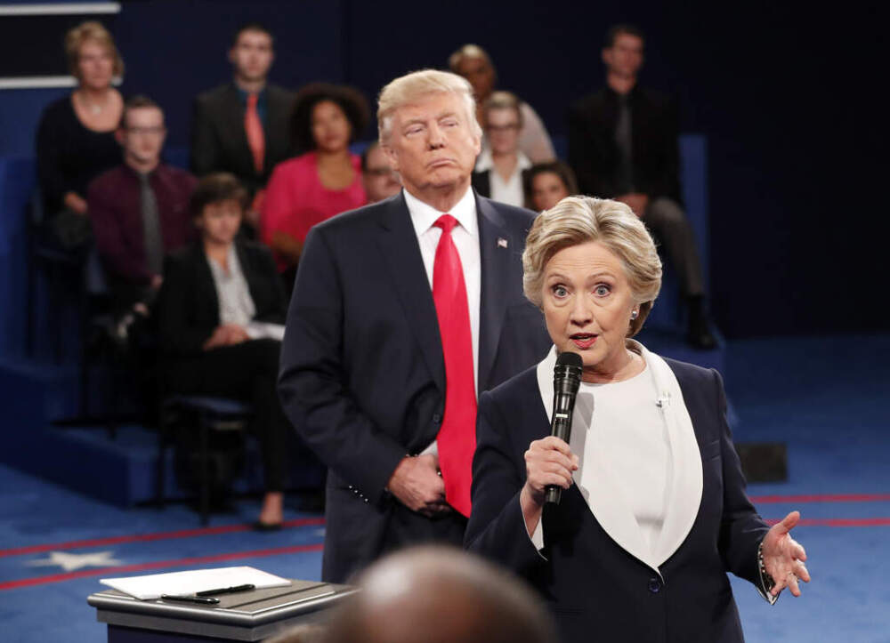 Democratic presidential nominee Hillary Clinton, right, speaks as Republican presidential nominee Donald Trump listens during the second presidential debate in St. Louis, Oct. 9, 2016. (Rick T. Wilking/AP file)