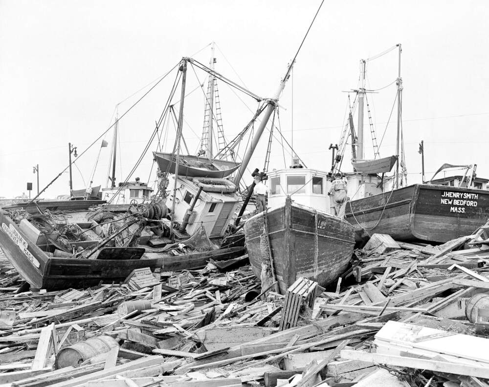 Fishing vessels out of New Bedford are shown high and dry after Hurricane Carol swept them ashore in 1954. (Frank C. Curtin/AP)