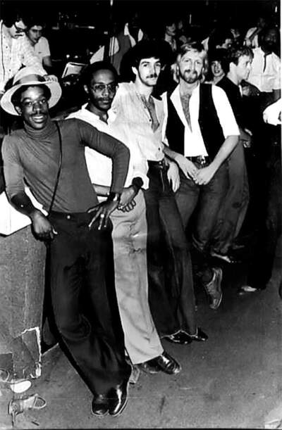 Boston DJs "Captain Wendell" Edmonds, Calvin "Cosmo" Wyatt, Joey Carvello and Danae Jacovidis at Brothers 4 nightclub in Nashua, New Hampshire in 1977. (Courtesy Joey Carvello)
