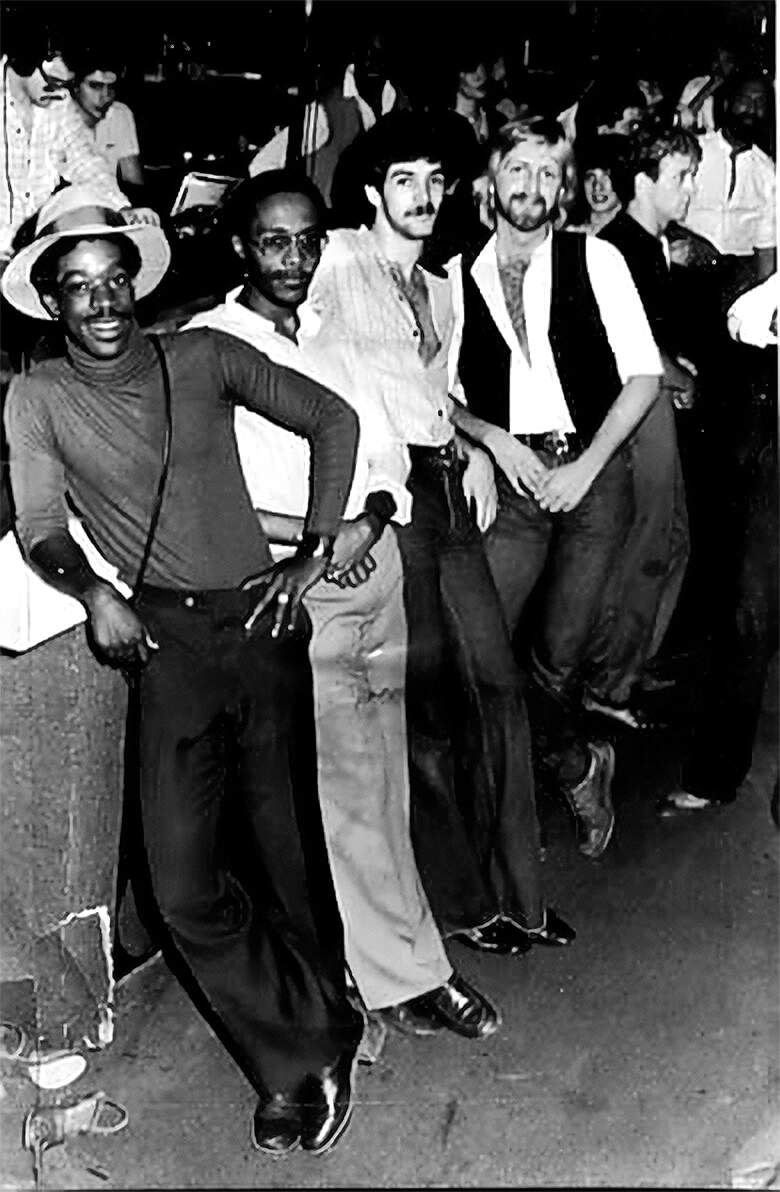 Boston DJs "Captain Wendell" Edmonds, Calvin "Cosmo" Wyatt, Joey Carvello and Danae Jacovidis at Brothers 4 nightclub in Nashua, New Hampshire in 1977. (Courtesy Joey Carvello)