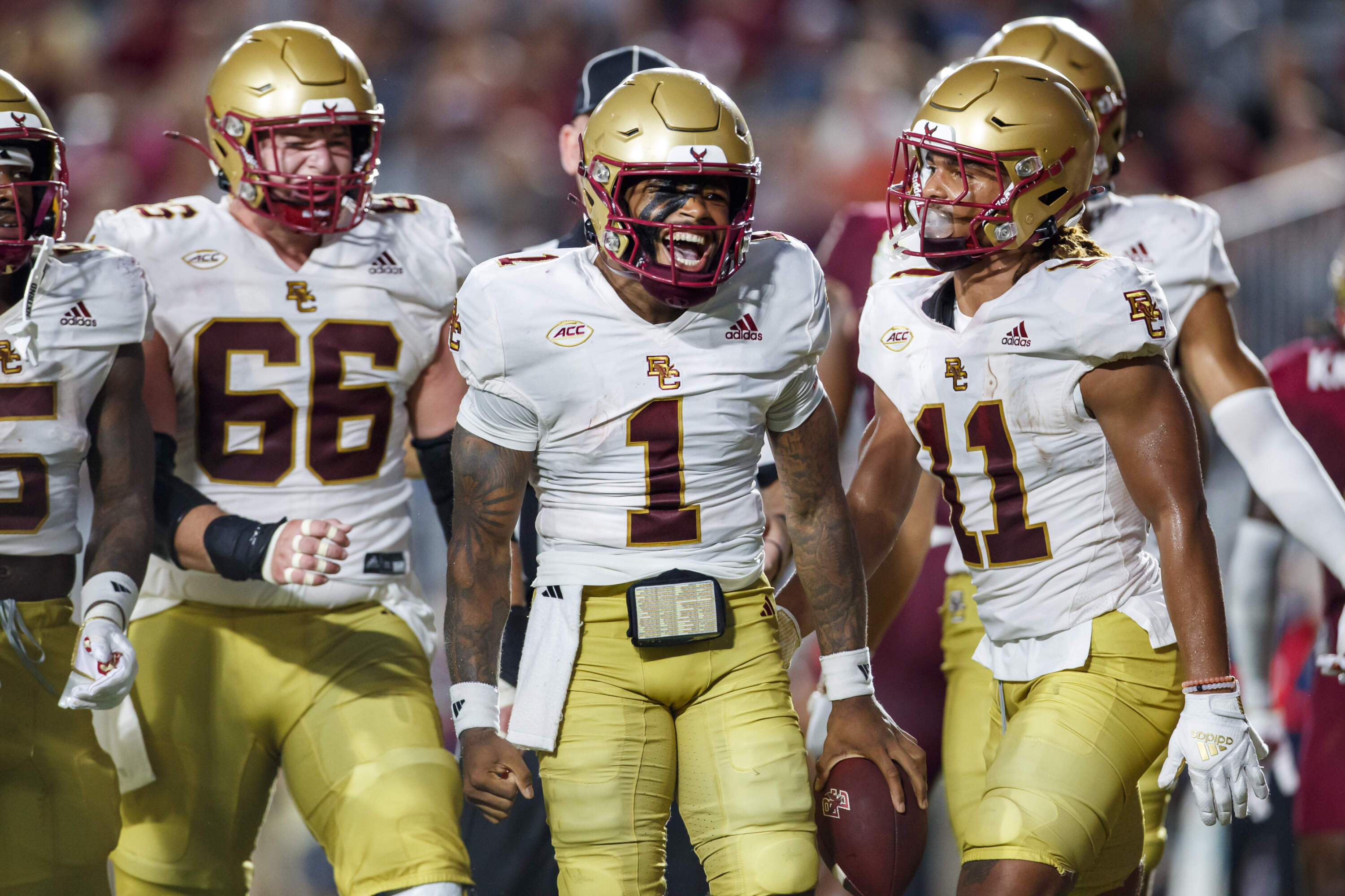 Boston College quarterback Thomas Castellanos (1) celebrates after scoring the first touchdown against Florida State during the first half of an NCAA college football game, Monday, Sept. 2, 2024, in Tallahassee, Fla. (Colin Hackley/AP)