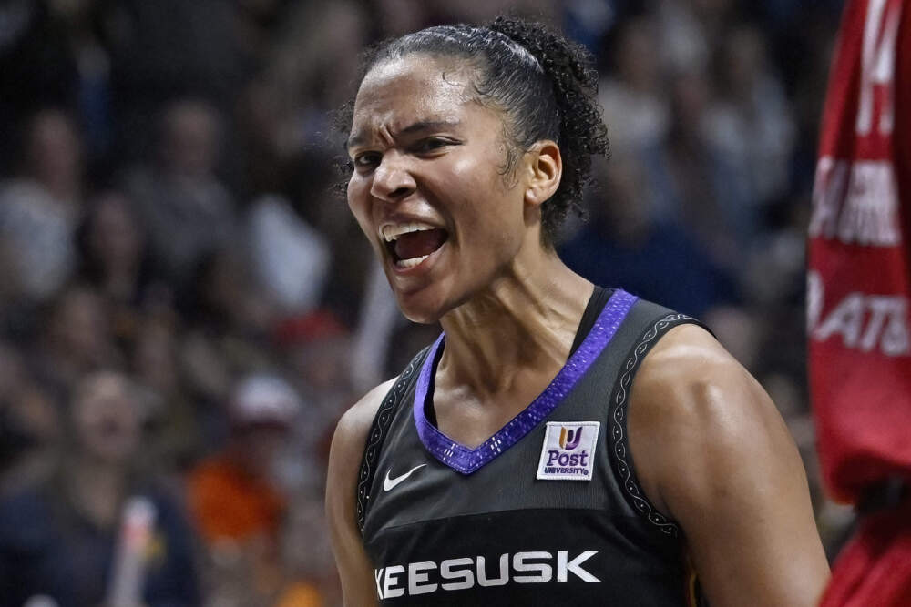 Connecticut Sun forward Alyssa Thomas reacts during the second half in Game 2 of a first-round WNBA basketball playoff series against the Indiana Fever. (Jessica Hill/AP)