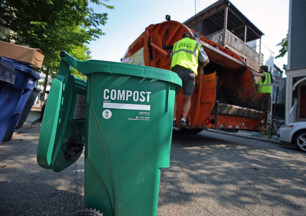 A compost bin sits on a street in Cambridge. (David L. Ryan/The Boston Globe via Getty Images)