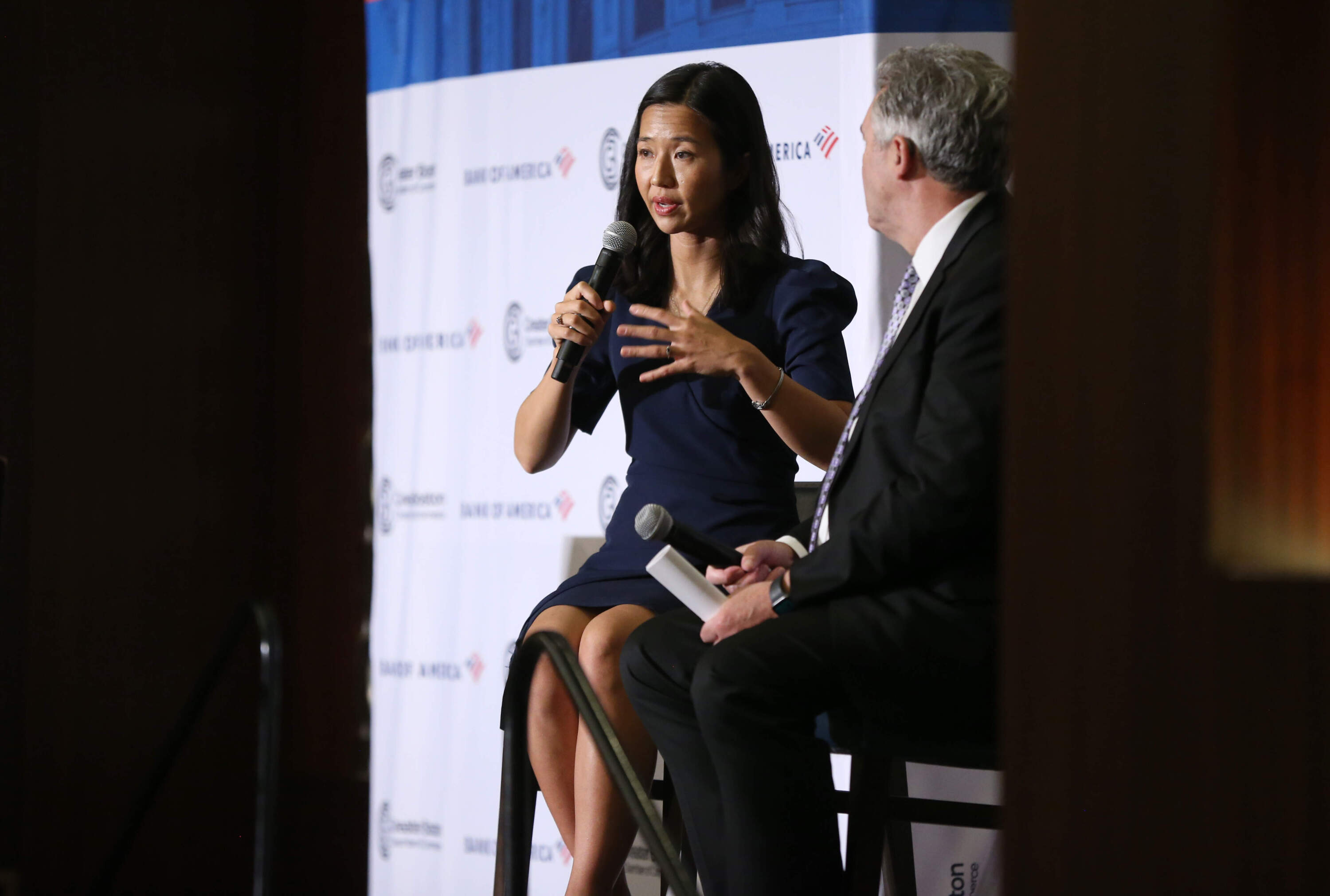 Boston Mayor Michelle Wu during a 2022 appearance before the Greater Boston Chamber of Commerce at the Sheraton Boston. (Jonathan Wiggs/The Boston Globe via Getty Images)