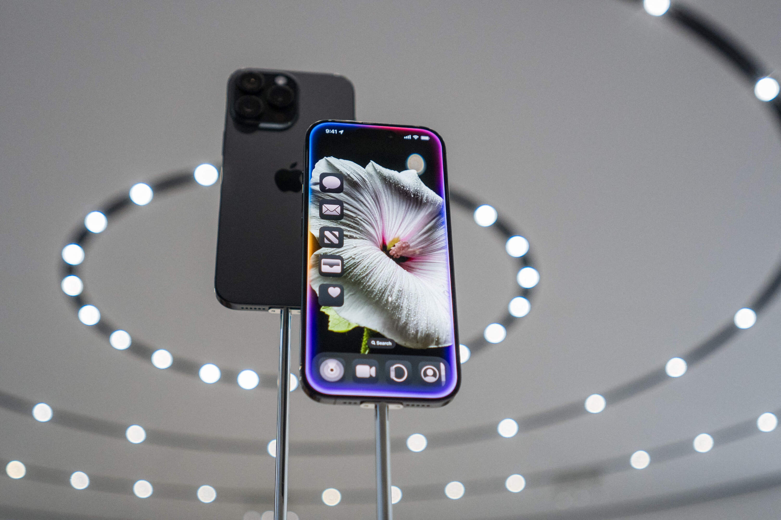 New models of the Apple iPhone 16 are displayed after Apple's "It's Glowtime" event in Cupertino, California, Sept. 9, 2024. Apple announced a new iPhone built for generative artificial intelligence as it seeks to boost sales and show it is keeping up in the technology race. (Nic Coury/AFP via Getty Images)
