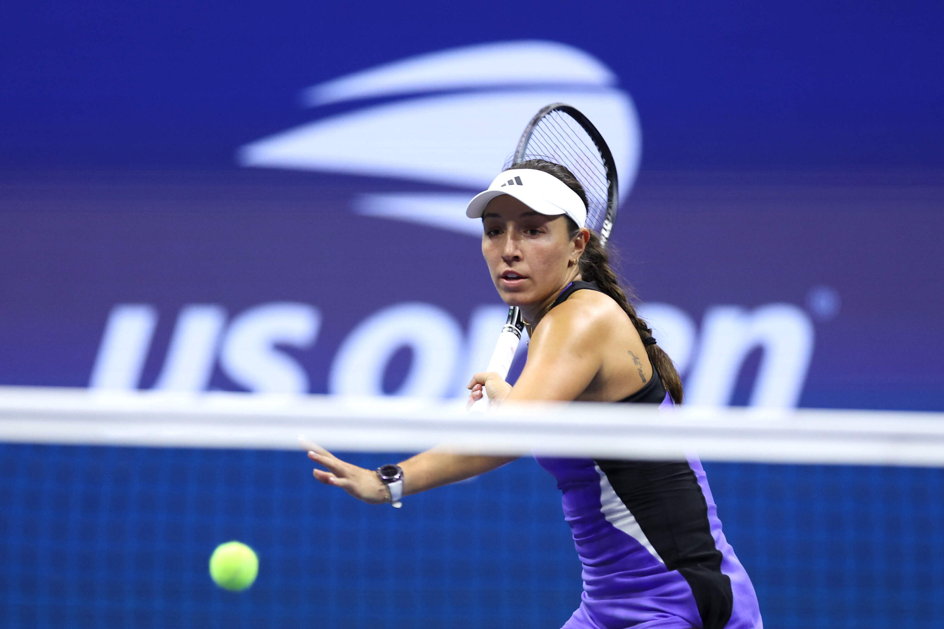 Jessica Pegula of the United States returns a shot against Karolina Muchova of the Czech Republic during their Women's Singles Semifinal match on Day Eleven of the 2024 US Open at USTA Billie Jean King National Tennis Center on September 05, 2024 in the Flushing neighborhood of the Queens borough of New York City. (Jamie Squire/Getty Images)