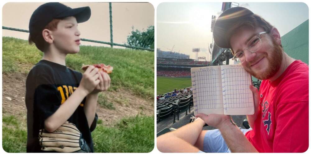 The author as a child after a little league game (left), and the author as an adult at Fenway Park, Boston (right). (Courtesy Harry Breault)