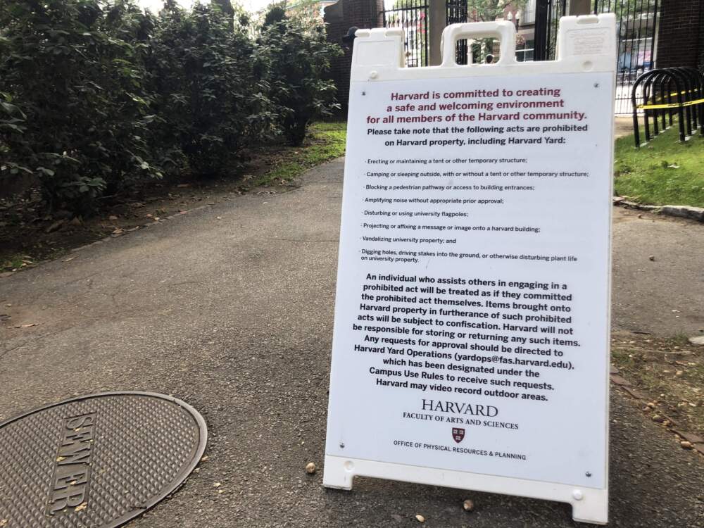 Signs outlining the new rules for protests and demonstrations can be found at most Harvard Yard entrances. (Carrie Jung/WBUR)