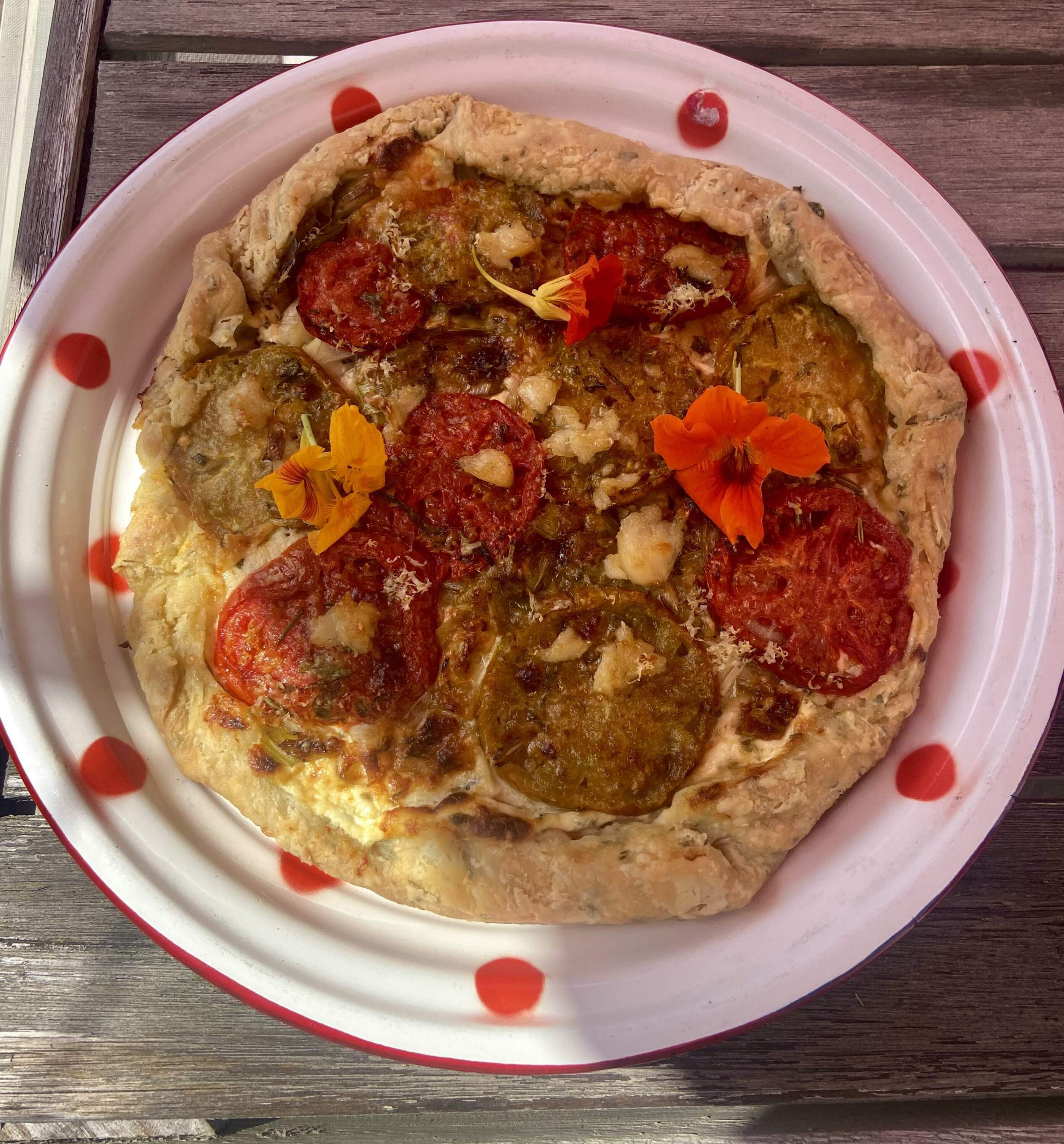 Roasted garlic, leek and tomato galette. (Kathy Gunst/Here &amp; Now)