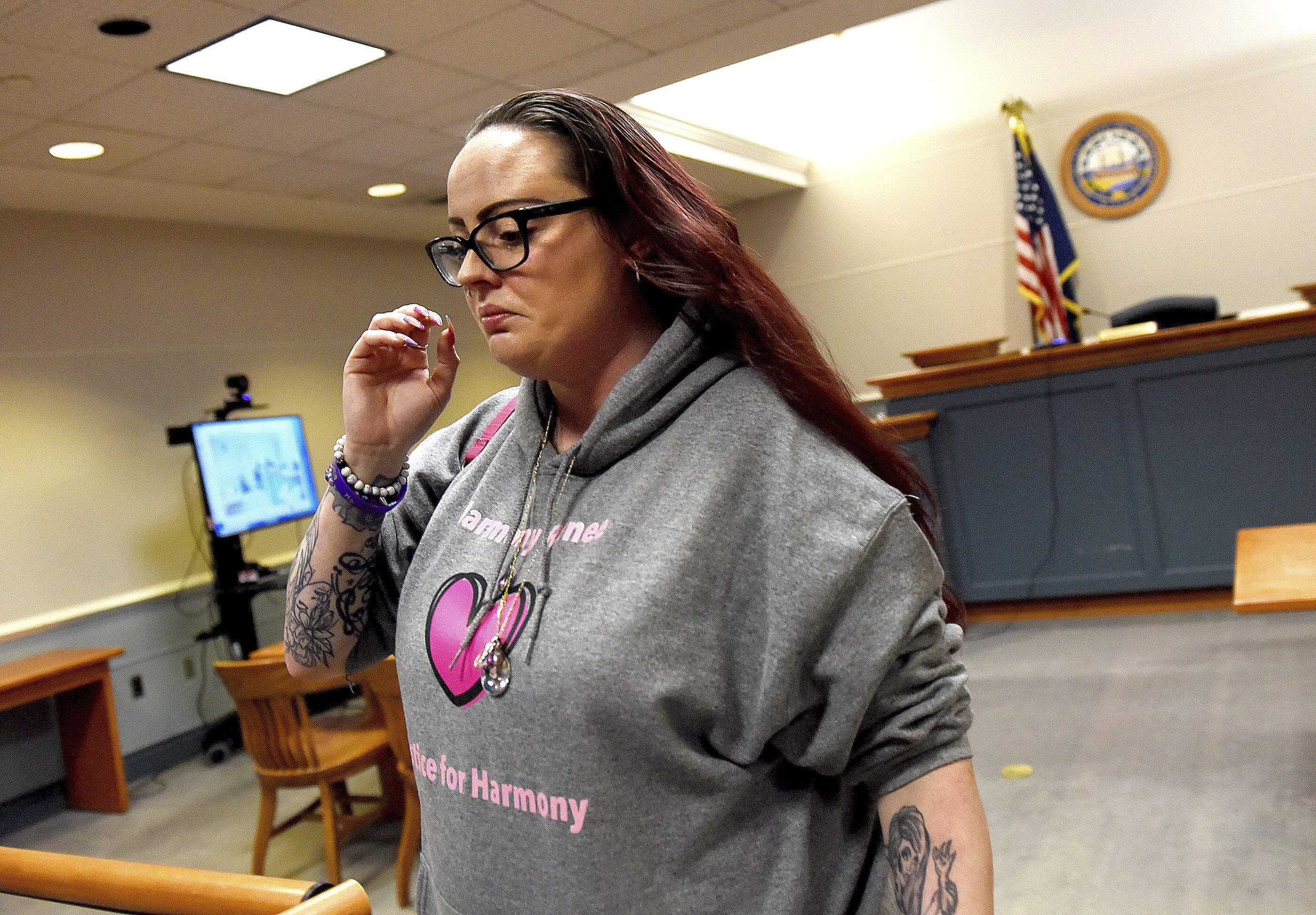 Crystal Sorey, the mother of Harmony Montgomery, leaves court following a probate case hearing at Nashua Circuit Court in Nashua, N.H., March 11, 2024. (David Lane/Union Leader via AP)