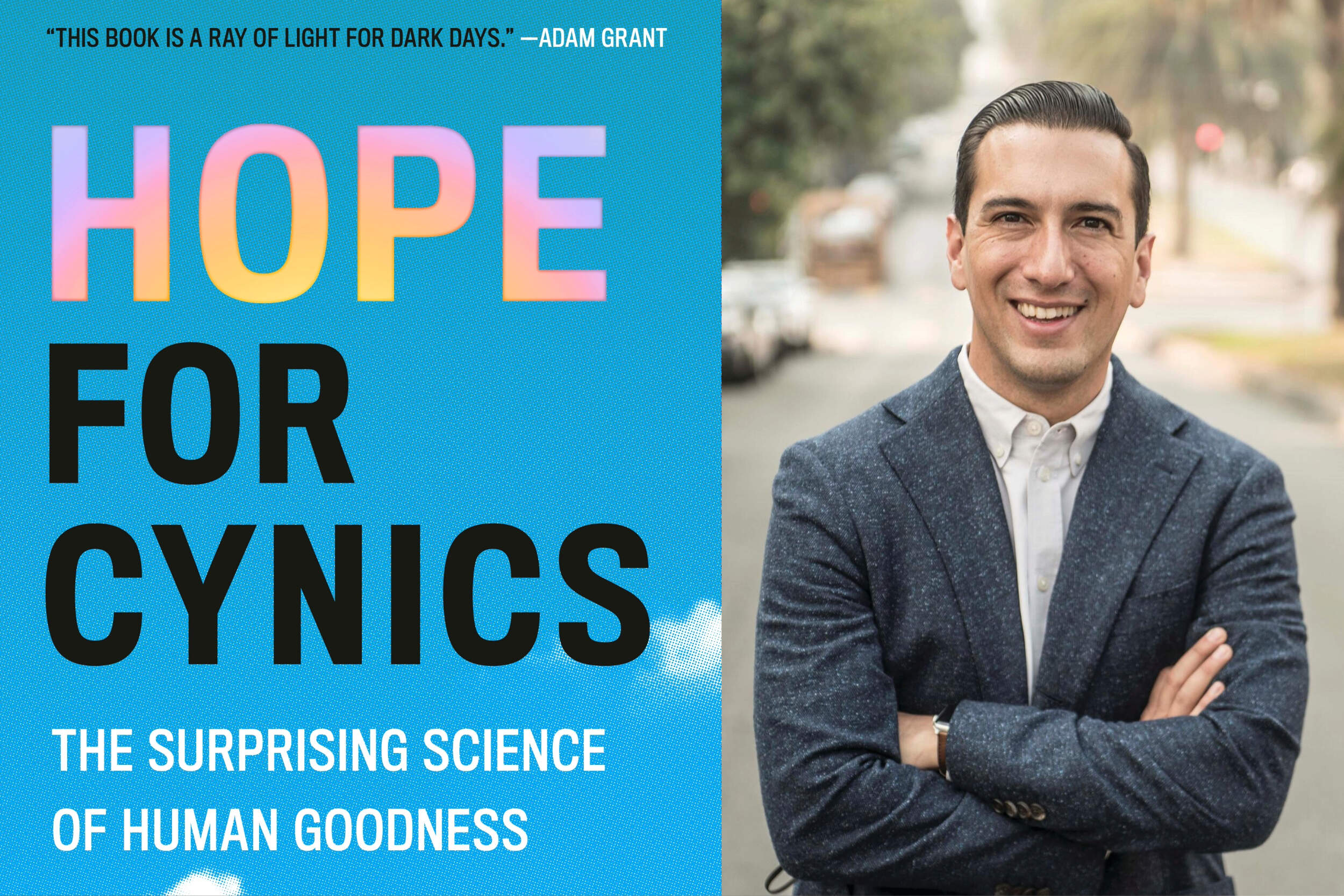 The cover of "Hope for Cynics" beside author Jamil Zaki. (Courtesy of Vern Evans)
