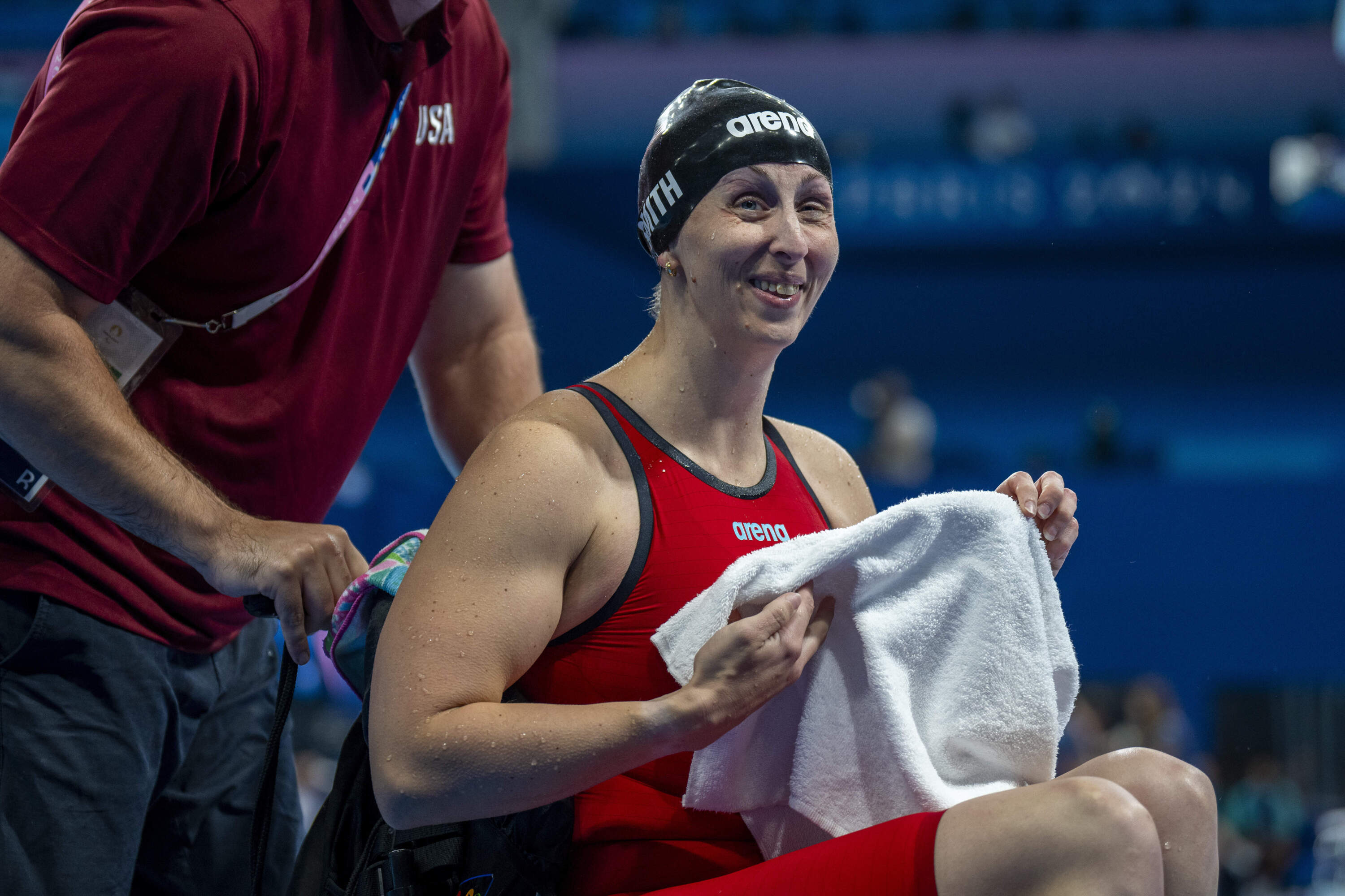Leanne Smith reacts after her record-setting Women's 100m Freestyle -S3 win during the 2024 Paralympics. (Emilio Morenatti/AP)