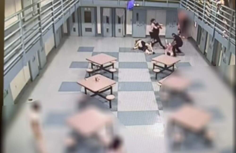 A screenshot from an edited video provided by the Massachusetts Correction Officers Federated Union to WBUR and other news outlets that shows the Sept. 18 attack on corrections officers at the Souza Baranowski Correctional Facility.