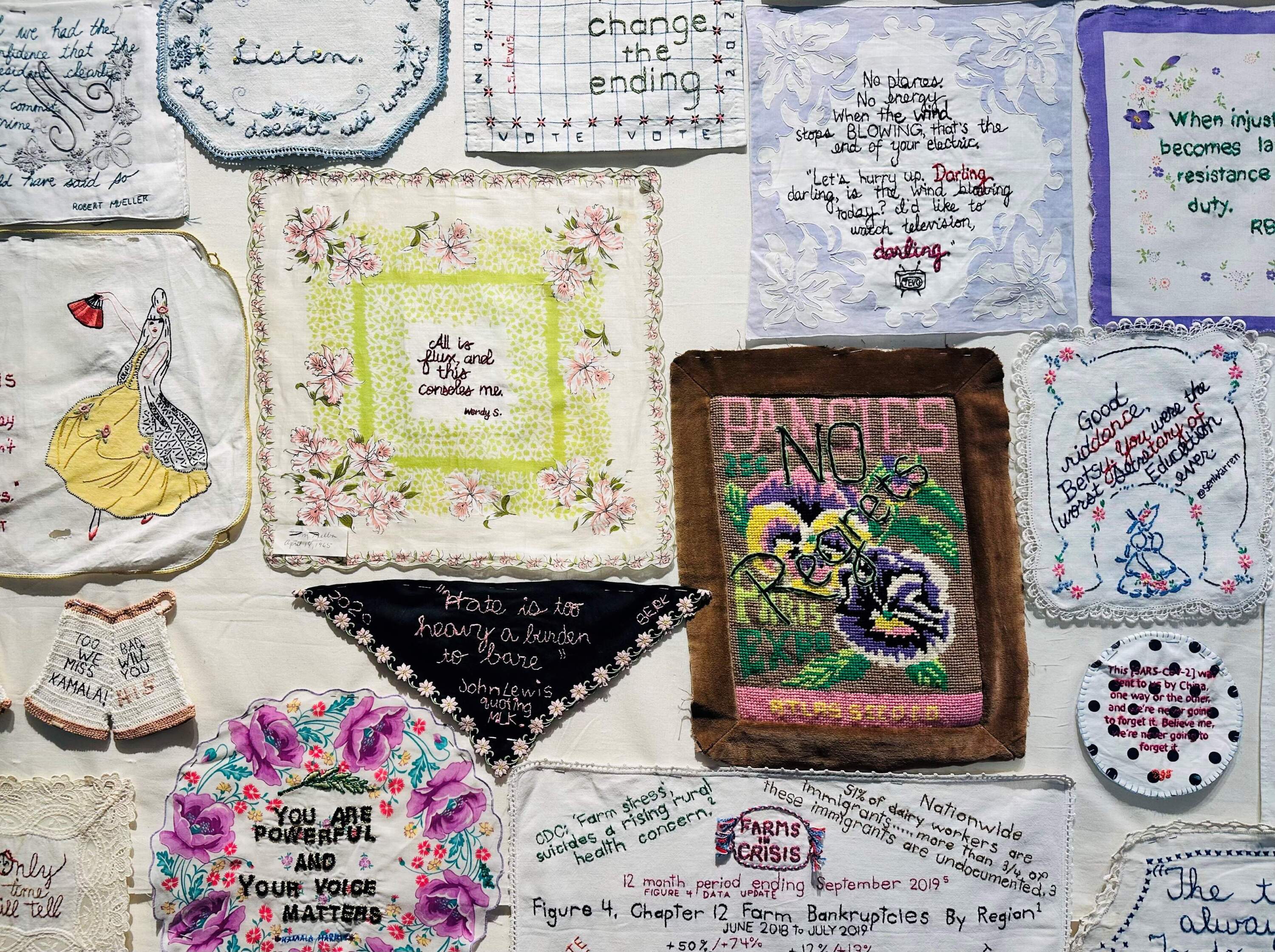 A sample of the embroidery included in curator Diana Weymar's collaborative "Tiny Pricks Project" at Fuller Craft Museum. (Courtesy Diana Weymar)