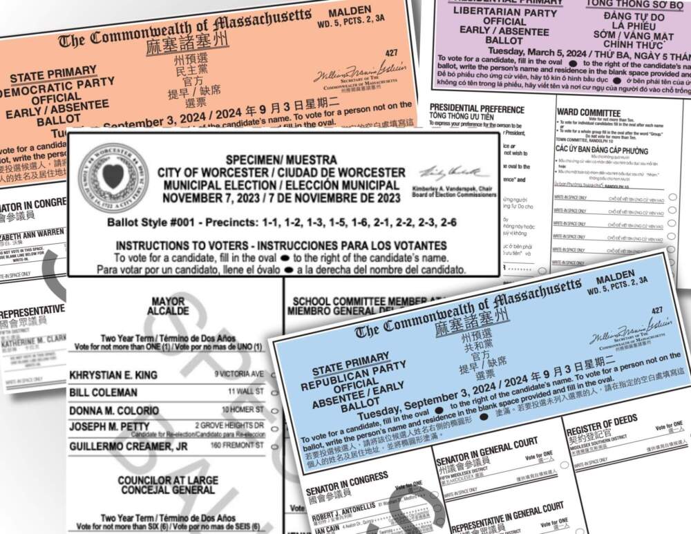 Sample multilingual ballots from recent elections in Malden, Randolph and Worcester. (Illustration Amy Gorel/WBUR)