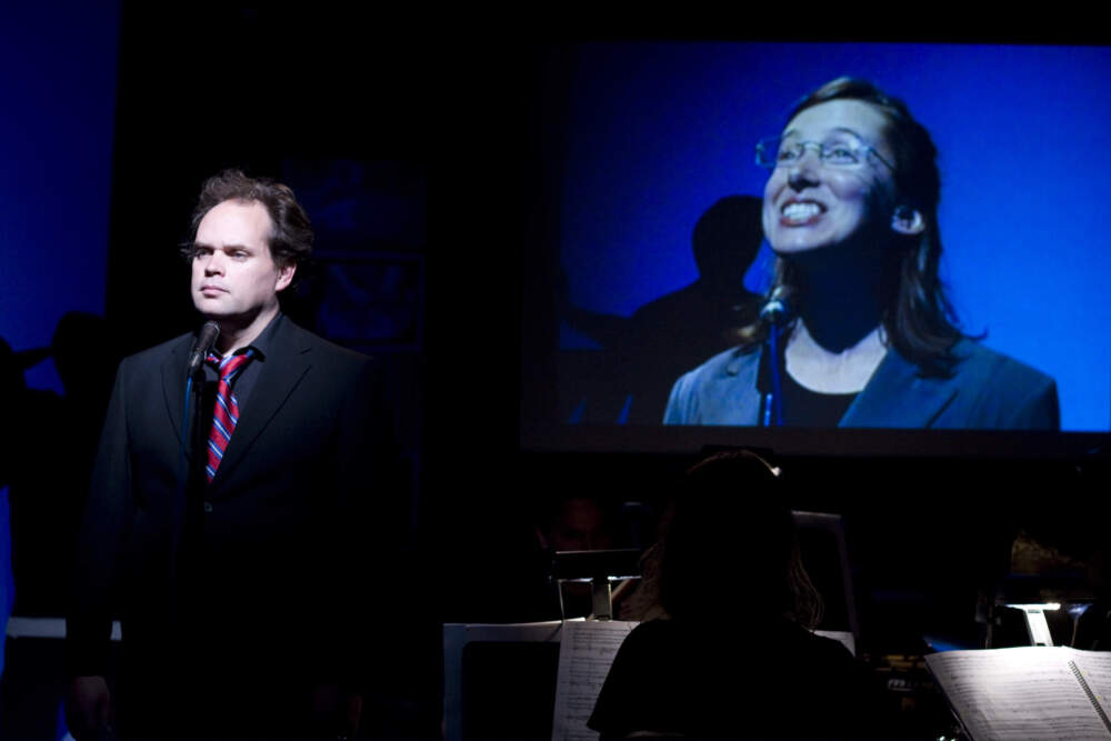 Brian Church as Joe Biden and Jennifer Ashe as Sarah Palin from the September 2009 production of "Say It Ain't So, Joe" with stage direction by Nathan Troup and scenic design by Julia Noulin-Merat. (Courtesy Karen Snyder)