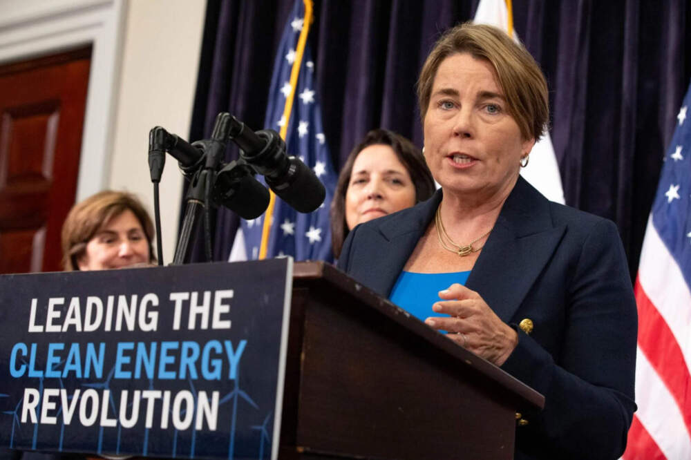 Gov. Healey announces the new wind projects selected in the latest joint offshore wind procurement. (Sam Doran/SHNS)